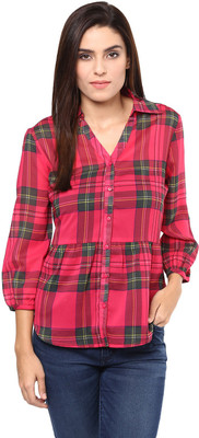 HARPA Casual 3/4 Sleeve Checkered Women Pink Top