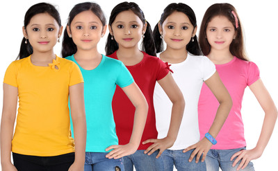 

Sini Mini Girls Casual Cotton Top(Multicolor, Pack of 5, Yellow & light blue & red & white & pink