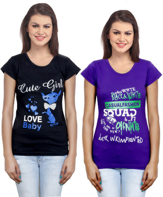 

IndiWeaves Casual Short Sleeve Printed Women's Black, Purple Top(Size: M)