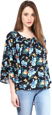 HARPA Casual 3/4 Sleeve Floral Print Women Black Top