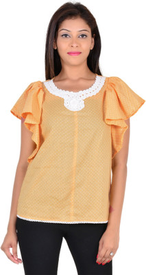 VS Fashion Casual Butterfly Sleeve Polka Print Women Yellow Top