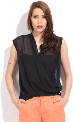 

Elle Casual Sleeveless Solid Women's Black Top, Off white