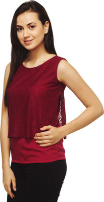 adyuth Party Sleeveless Self Design Women Maroon Top