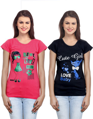 

IndiWeaves Casual Short Sleeve Printed Women's Pink, Black Top(Size: L), Black;pink