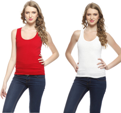 FRISKERS Casual No Sleeve Solid Women Red, White Top
