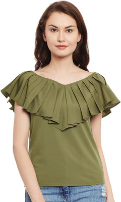 Popnetic Casual Cape Sleeve Solid Women Dark Green Top