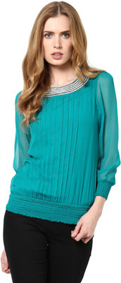 HARPA Casual 3/4 Sleeve Embellished Women Green Top