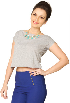 Miss Chase Casual Short Sleeve Solid Women Grey Top