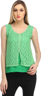 Cation Casual Sleeveless Solid Women Green Top