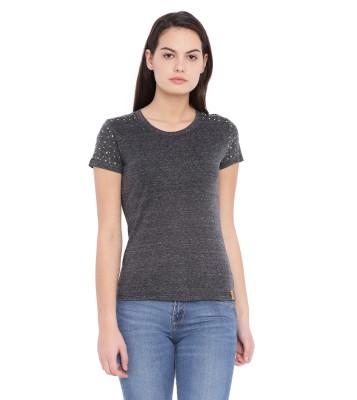 CAMPUS SUTRA Casual Short Sleeve Embellished Women Grey Top