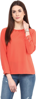 RARE Casual Cuffed Sleeve Solid Women Orange Top