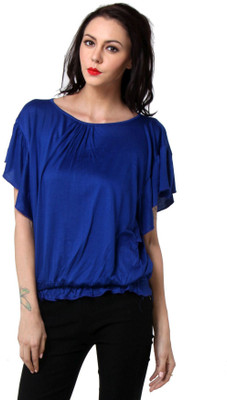 TEEMOODS Casual Butterfly Sleeve, Short Sleeve Solid Women Blue Top