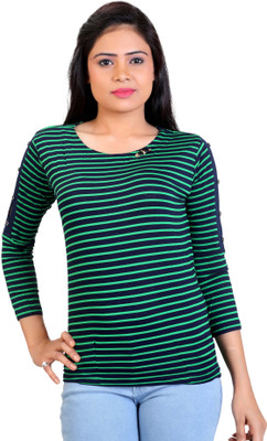 Carrel Casual Regular Sleeve Striped Women Green, Black Top