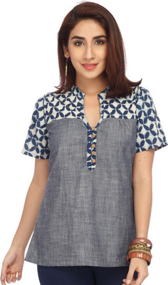 

Enah Casual Short Sleeve Solid Women's Blue Top, Indigo