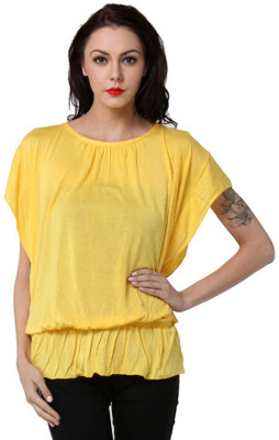TEEMOODS Casual Butterfly Sleeve, Short Sleeve Solid Women Yellow Top