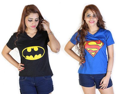 Fashion Fakir Printed Women's V-neck Black, Blue T-Shirt(Pack of 2