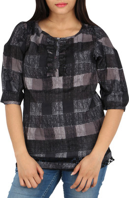 

Fashion Fuse Casual 3/4th Sleeve Checkered Women's Black, Grey Top