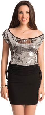 

PrettySecrets Party Sleeveless Embellished Women's Black, Silver Top