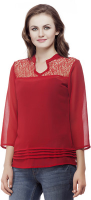 

Mask Lifestyle Casual 3/4th Sleeve Solid Women's Red Top