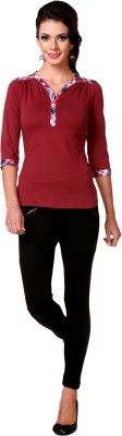 Zastraa Party Short Sleeve Striped Women Maroon Top