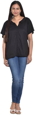 ENTEASE Casual Short Sleeve Solid Women Black Top