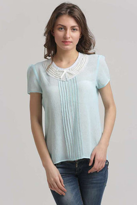 Moda Elementi Casual Short Sleeve Solid Women Blue Top