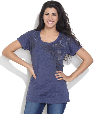 

Espresso Casual Short Sleeve Printed Women's Blue Top, Navy