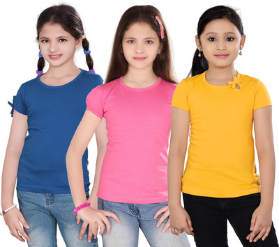 

Sini Mini Girls Casual Cotton Top(Multicolor, Pack of 3, Dark blue & pink & yellow