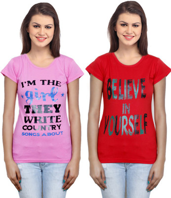 

IndiWeaves Casual Short Sleeve Printed Women's Pink, Red Top(Size: XL)