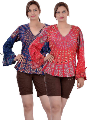 

Indi Bargain Casual Full Sleeve Printed, Floral Print Women's Dark Blue, Red Top, Navy blue;red