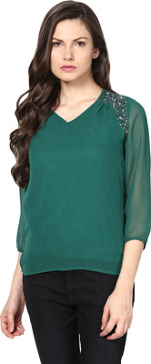 HARPA Casual Regular Sleeve Embellished Women Green Top