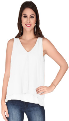 SOIE Casual Sleeveless Solid Women White Top