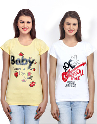 

IndiWeaves Casual Short Sleeve Printed Women's Yellow, White Top(Size: XL), White;yellow