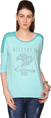 Bedazzle Casual 3/4 Sleeve Embellished Women Blue Top