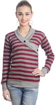 TEEMOODS Casual Full Sleeve Striped Women Maroon, Grey Top