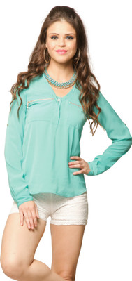 Miss Chase Casual Roll-up Sleeve Solid Women Green Top