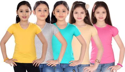 

Sini Mini Girls Casual Cotton Top(Multicolor, Pack of 5, Yellow & silver & light blue & beige & pink
