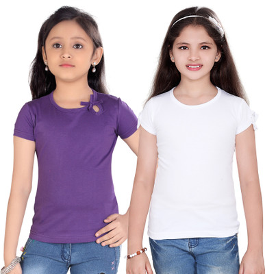 Sini Mini Girls Casual Cotton Top(White, Pack of 2, Purple & white