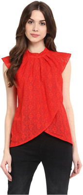 STYLESTONE Party Cap Sleeve Self Design Women Red Top