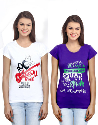 

IndiWeaves Casual Short Sleeve Printed Women's White, Purple Top(Size: XL), Purple;white