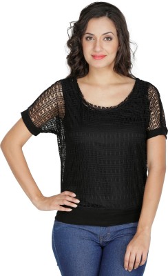 MAYRA Party Short Sleeve Self Design Women Black Top