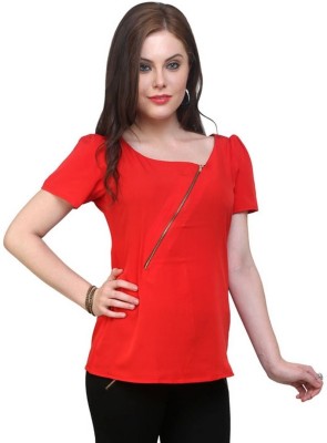 PANNKH Casual Short Sleeve Solid Women Red Top