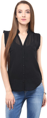 HARPA Casual Sleeveless Solid Women Black Top