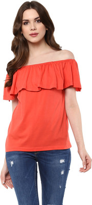 HARPA Casual Flared Sleeve Solid Women Orange Top