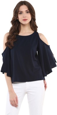 HARPA Casual Cold Shoulder, 3/4 Sleeve Solid Women Dark Blue Top