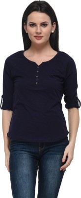 Frenchtrendz Casual Roll-up Sleeve Solid Women Dark Blue Top