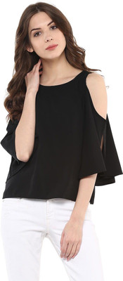 HARPA Casual 3/4 Sleeve Solid Women Black Top