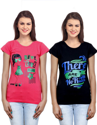 

IndiWeaves Casual Short Sleeve Printed Women's Pink, Black Top(Size: XXL), Black;pink