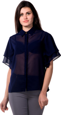 Miss Chase Party Short Sleeve Solid Women Dark Blue Top
