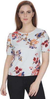 Mozoi Casual Short Sleeve Floral Print Women Green Top